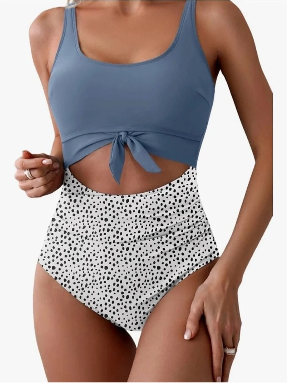 Tie-Front Scoop One-Piece Swimsuit in Dusty Blue and White Spot
